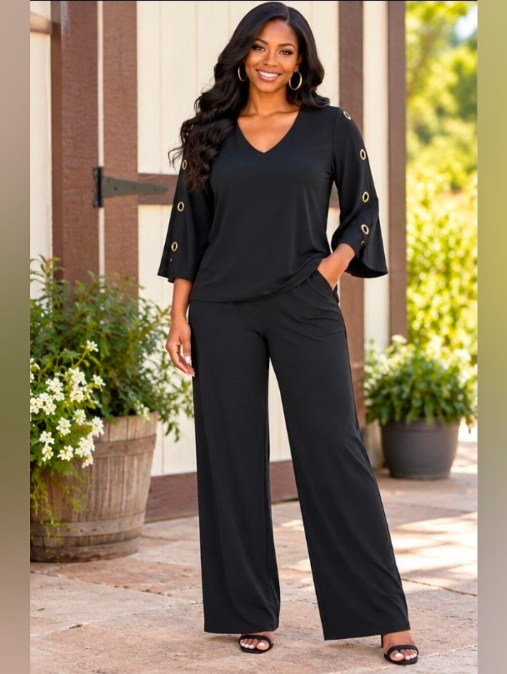NEW!! Anthony Originals Black Wide-Leg Pantsuit with Eyelet Sleeves,Sz Small,NWT